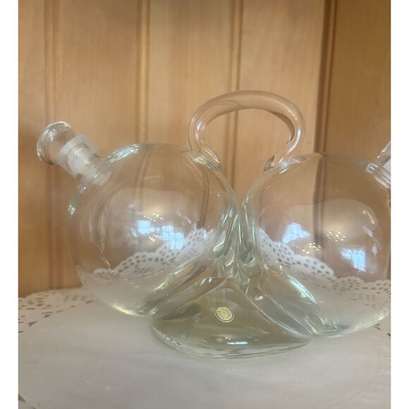 Vintage Clear Glass Oil & Vinegar Cruet Set Dual Compartments Glass Stoppers Mad - Picture 4 of 8
